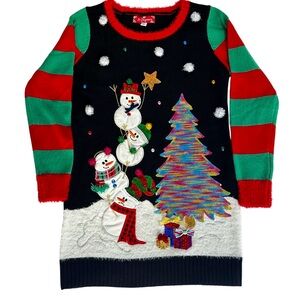 33 Degrees Christmas Sweater Dress Tunic Womens Small Snowman Tree Ugly Holiday